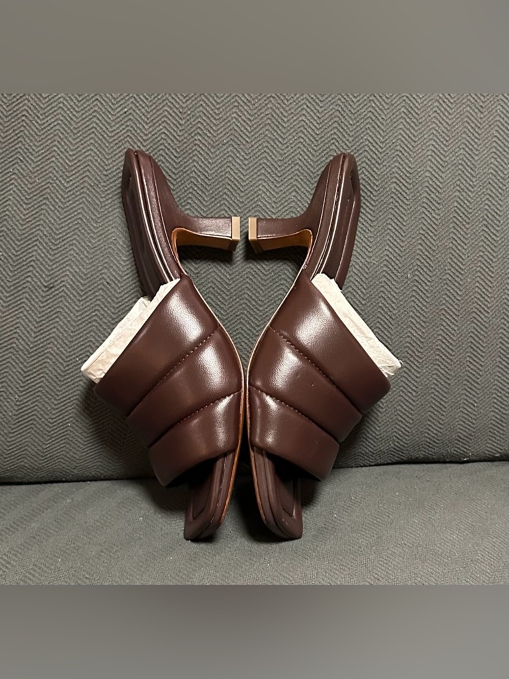 VINCE Cecil Slide Heel Sandals Women 8.5 Quilted Leather Square Toe Kitten Brown - Picture 4 of 7
